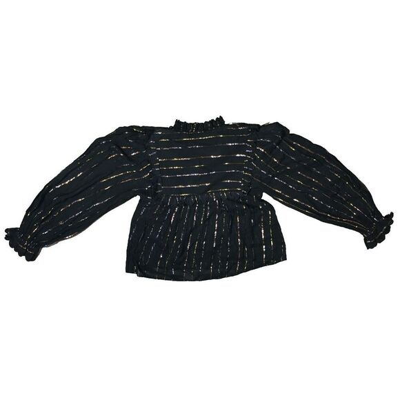NWOT Farm Rio Metallic Stripe Ruffle Shirt in Black SZ S - Picture 6 of 9